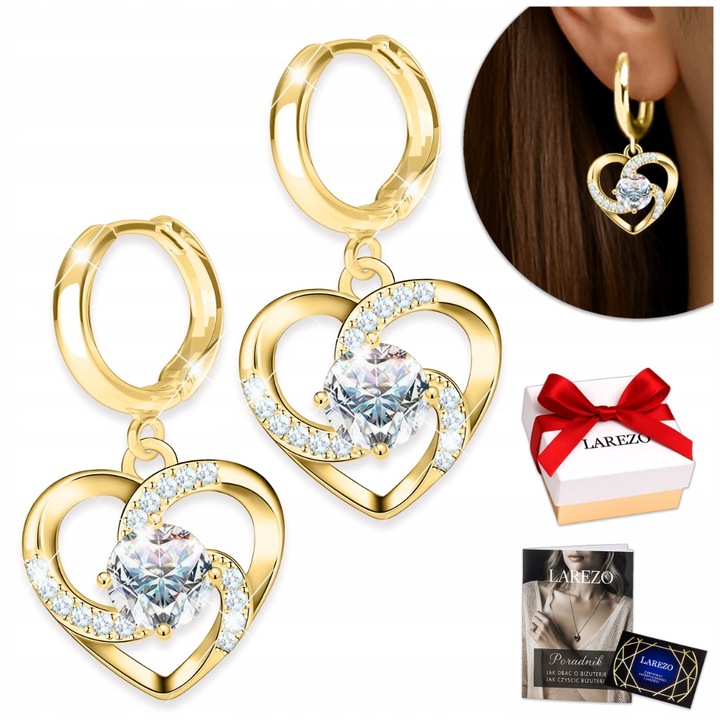 Cercei Din Argint 925, Larezo, Model Spirale, Inimi, Auriu, Argint De Inalta Calitate, Pietre: Zirconii, Calitate Superioara A Executiei, 13 x 17 x 13 mm