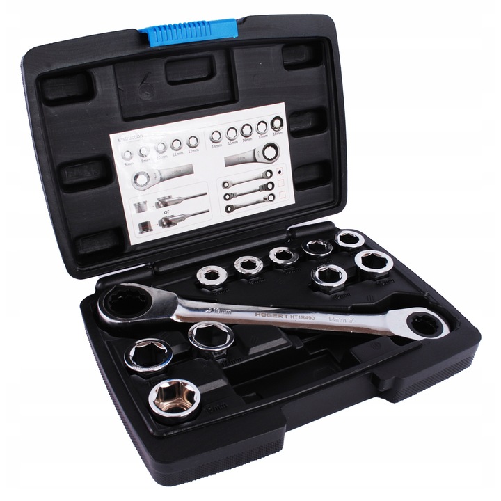 Set chei inelare cu clichet si capete Hoegert Technik 11 piese CrV 8-19mm
