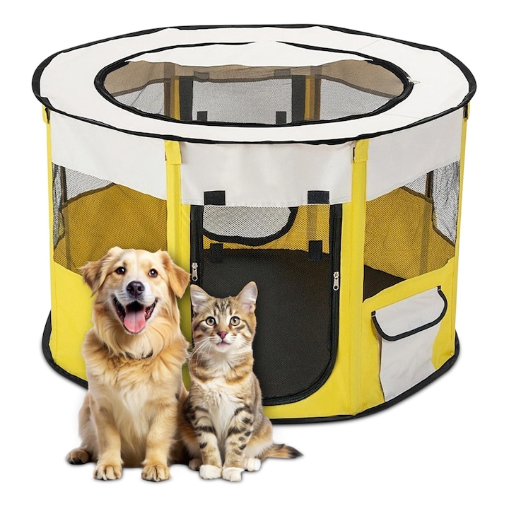 Morovan összecsukható kisállat karám, kisállat karám, modern design tartós, rozsdamentes acél vázzal, prémium poliészter, stabil szerkezet, 90*90*55cm, bézs sárga