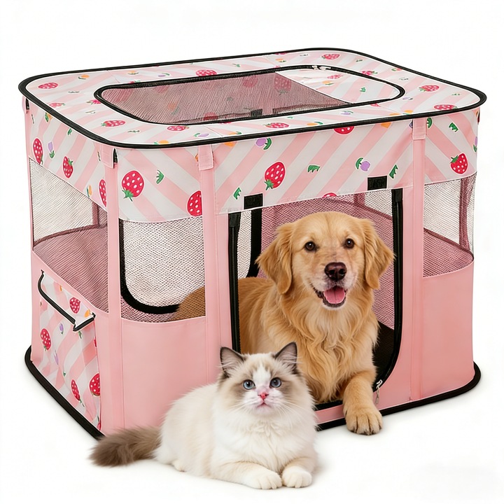 Tarc pliabil pentru animale de companie, Morovan, Tarc pentru animale de companie, design modern cu cadru din otel durabil, inixidabil, rezistent, poliester Premium, structura stabila, 80*60*55cm, Roz