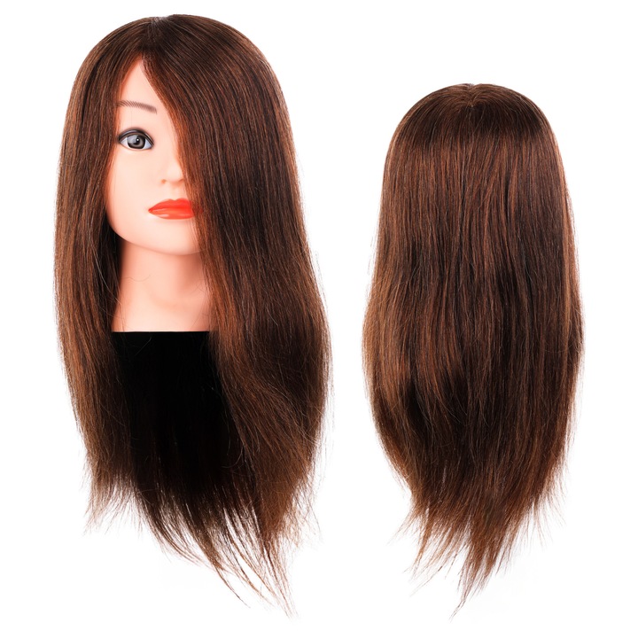 Cap Practica Coafor, Ponik's, 100% Par Uman, Densitate Mare, Lungime 50 cm, Maro