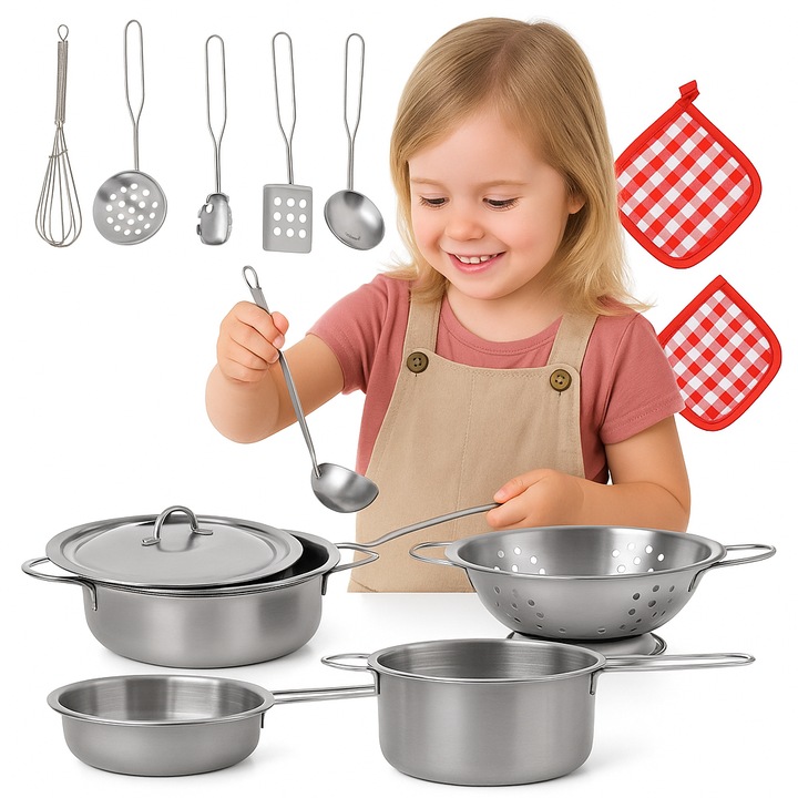Gyermek főzőkészlet, ideális STORE, 13 részes, fém, hátizsákkal, hátizsák méretei 20x21x7,5cm