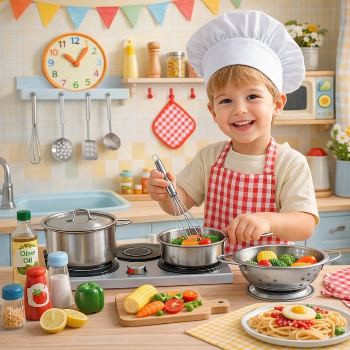 Set de gatit idealSTORE, Contine 13 elemente indispensabile, oala, tigaie, strecuratoare, cleste pentru paste, lingura, polonic, Echipat cu un rucsac pentru depozitare, Ajuta la dezvoltarea creativitatii