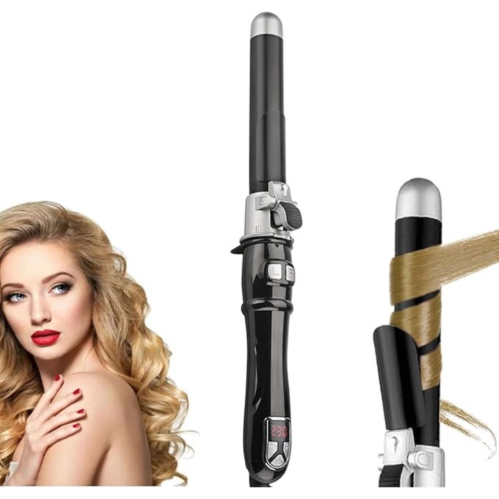 Автоматична маша за коса, 28 мм/1,1 инча, с LCD дисплей, регулируема температура, двойно напрежение за бързо нагряване, подходяща за всички типове и дължини коса (черна)