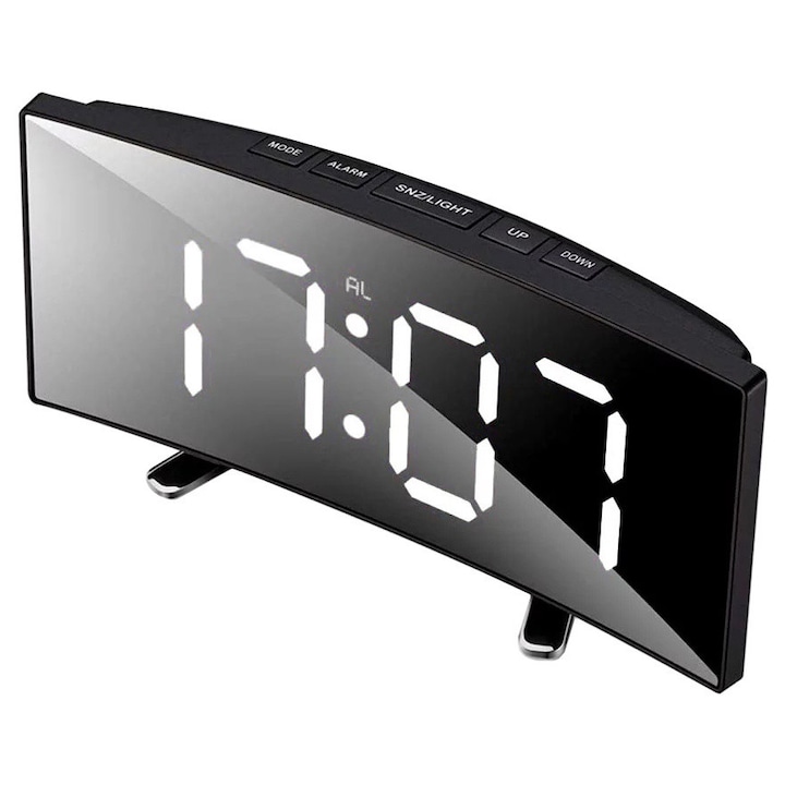 Ceas digital cu alarma, display LED mare, functie termometru, mod noapte, oglinda, 17x8.5 cm, negru