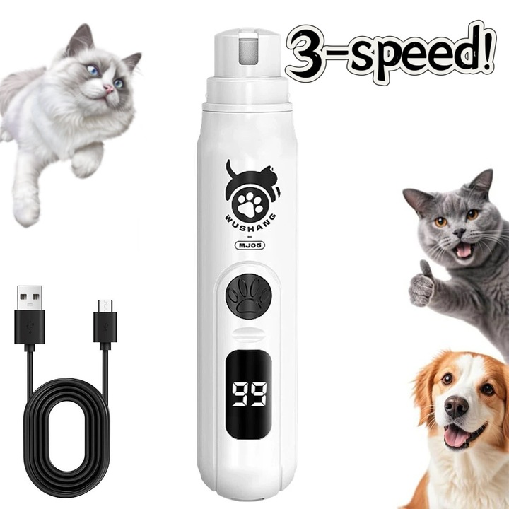 Машина за рязане на нокти за кучета, регулируема с 3 скорости, с цифров дисплей, акумулаторна пила за нокти за котки и кучета, подходяща за малки и средни домашни любимци, бяла