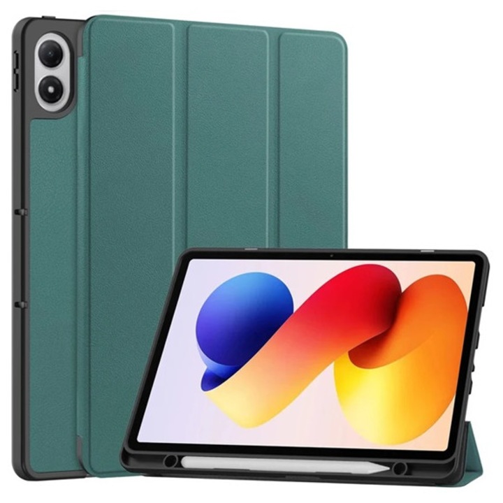Gigapack tabletvédő álló, bőr hatású, aktív flip, oldalra nyíló, trifold, asztali tartó, ceruza tartó, sötétzöld, kompatibilis: Xiaomi Redmi Pad 2 Pro