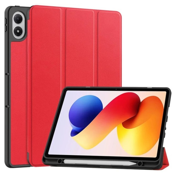 Gigapack tabletvédő álló, bőr hatású, aktív flip, oldalra nyíló, trifold, asztali tartó, ceruza tartó, piros, kompatibilis: Xiaomi Redmi Pad 2 Pro