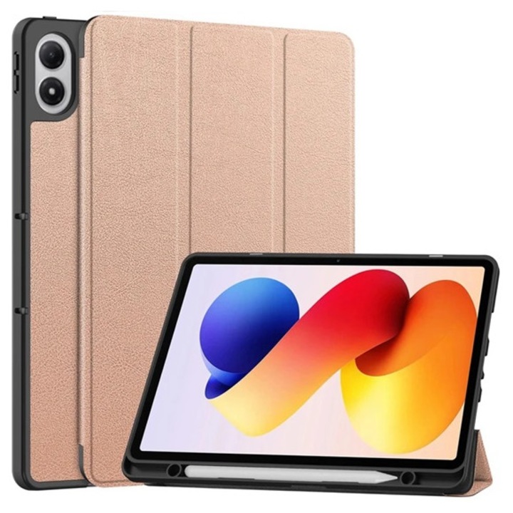 Gigapack tabletvédő álló, bőr hatású, aktív flip, oldalra nyíló, trifold, asztali tartó, ceruza tartó, rozéarany, kompatibilis: Xiaomi Redmi Pad 2 Pro