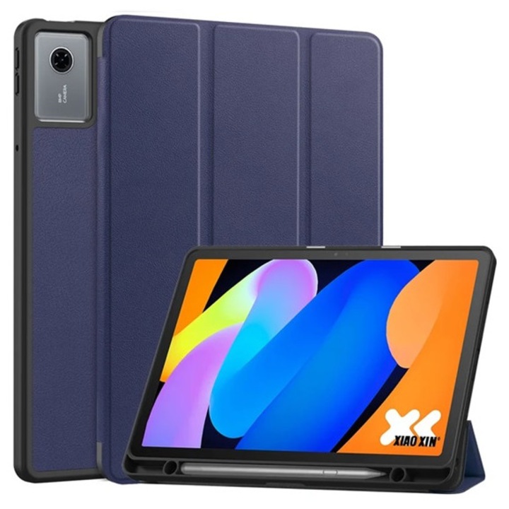 Gigapack tabletvédő álló, bőr hatású, aktív flip, oldalra nyíló, trifold, asztali tartó, ceruza tartó, sötétkék, kompatibilis: Lenovo Idea Tab, TB336ZU, 5G