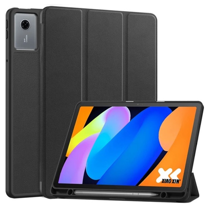 Gigapack tabletvédő álló, bőr hatású, aktív flip, oldalra nyíló, trifold, asztali tartó, ceruza tartó, fekete, kompatibilis: Lenovo Idea Tab, TB336ZU, 5G