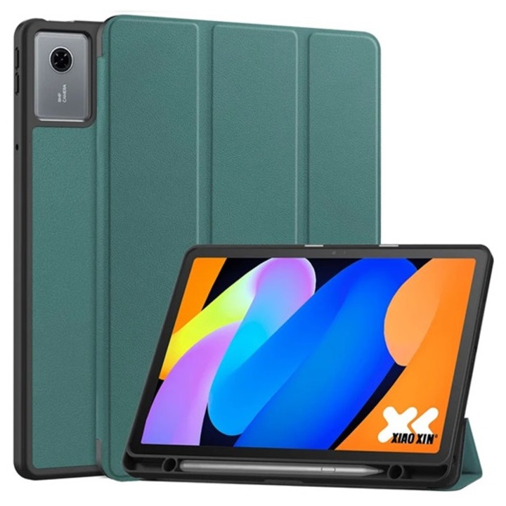 Gigapack tabletvédő álló, bőr hatású, aktív flip, oldalra nyíló, trifold, asztali tartó, ceruza tartó, sötétzöld, kompatibilis: Lenovo Idea Tab, TB336ZU, 5G