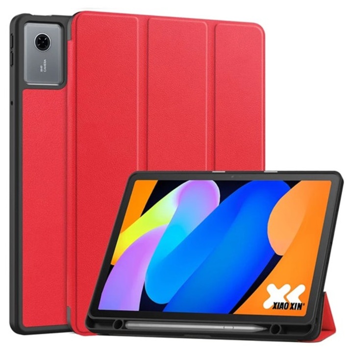 Gigapack tabletvédő álló, bőr hatású, aktív flip, oldalra nyíló, trifold, asztali tartó, ceruza tartó, piros, kompatibilis: Lenovo Idea Tab, TB336ZU, 5G