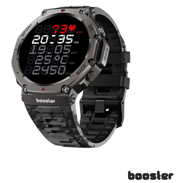 Smartwatch Booster Military – Устойчив Часовник, GPS, Мониторинг на Сърдечен Ритъм, Фитнес и Спорт на Открито Военен смарт часовник 48 мм, фитнес часовник с GPS (с поверителност), AI, гласов контрол, офлайн карти, за Android или iPhone, 170 модула Cam