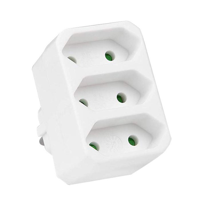 Adaptor european cu 3 prize, prelungitor cu prize multiple, distribuitor de curent compact de calatorie cu 3 prize de curent alternativ, alb