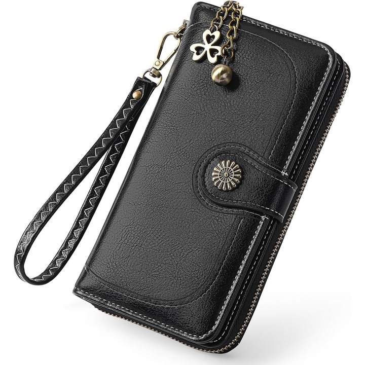 Портфейл за жени, сгъваем дизайн, 11 слота за карти, отделение с цип, RFID защита, 19.5x11x4.5см, черен