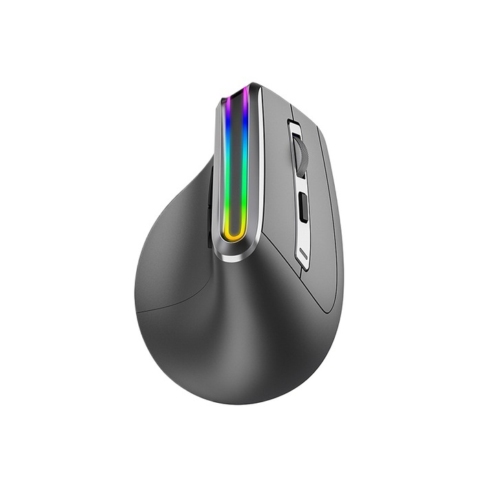 Вертикална безжична Bluetooth мишка, три режима на зареждане, RGB осветление, ергономичен дизайн, безшумни бутони, противоплъзгаща повърхност, черна, мишка с 6 бутона, порт за зареждане Type-C, включва кабел за зареждане