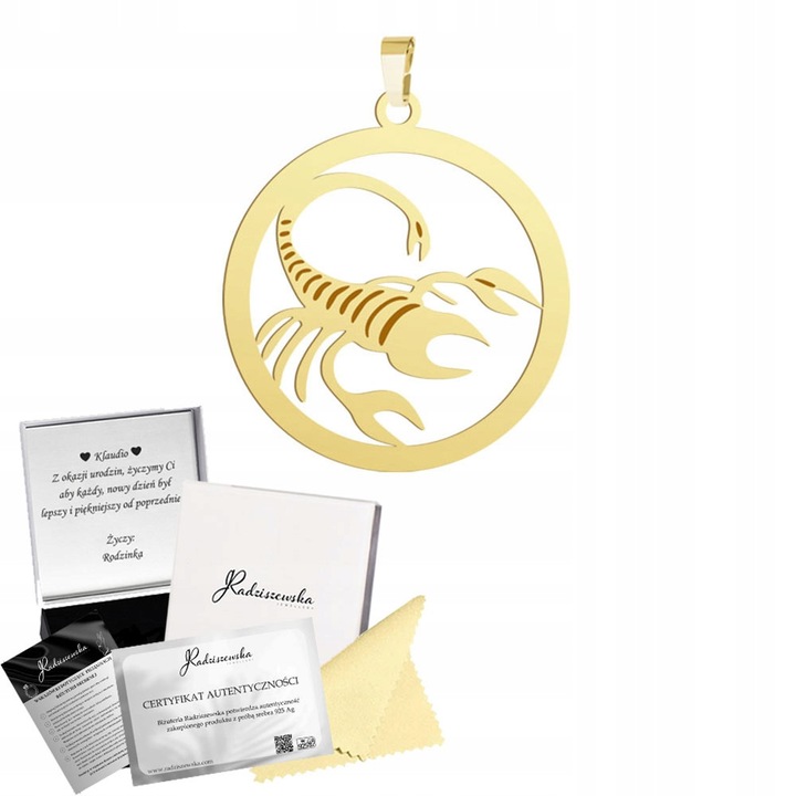 Pandantiv Zodia Scorpion, Radziszewska, Argint 925 placat aur 24k, diametru 20mm, lungime 30mm
