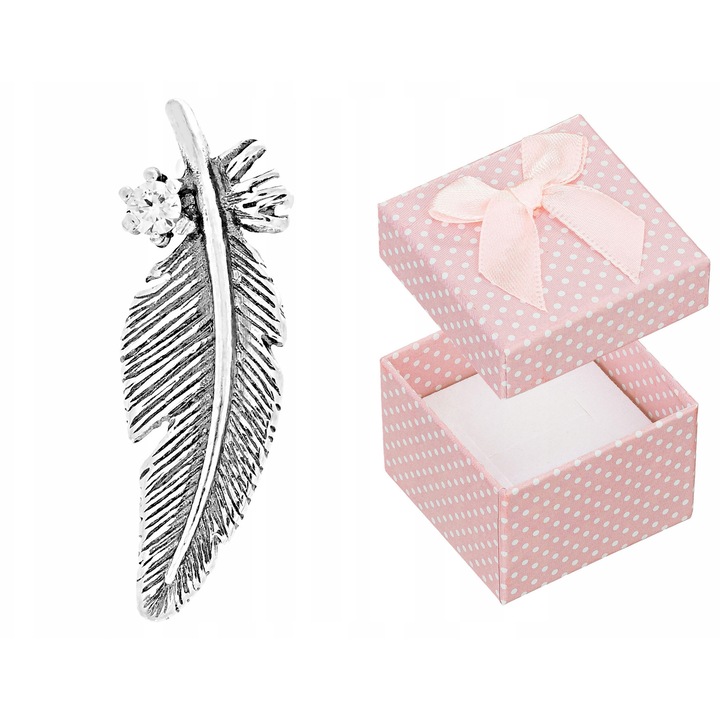 Pandantiv Argintiu Siju, Forma de Pana, Zirconiu Incolor, 26x19mm