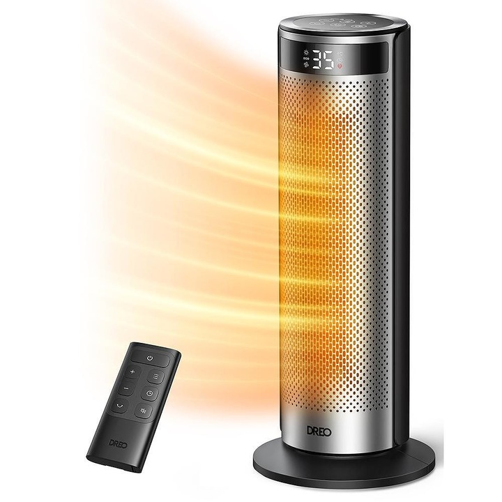 Вентилаторна печка Dreo Solaris 628, 2000W, 70° завъртане, 5 режима, 8-степенна защита, Таймер, Регулируема температура, Дистанционно управление, За помещения до 25 м2, 2-секундно затопляне