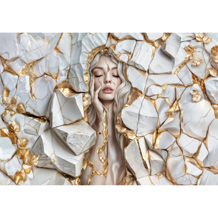 Fototapet Vlies 3D, Figura Feminina Realista in Marmura cu Insertii Aurii, 280 x 400cm, Lavabil, Eco-friendly, Living, Dormitor, Design Floral