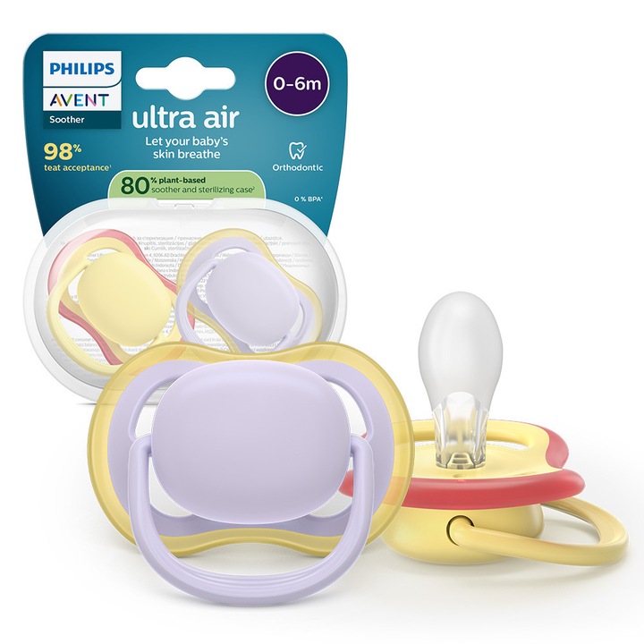 Залъгалки Ultra Air Philips AVENT Plant Based 0-6м с пастелни цветове за момиче 2бр/оп