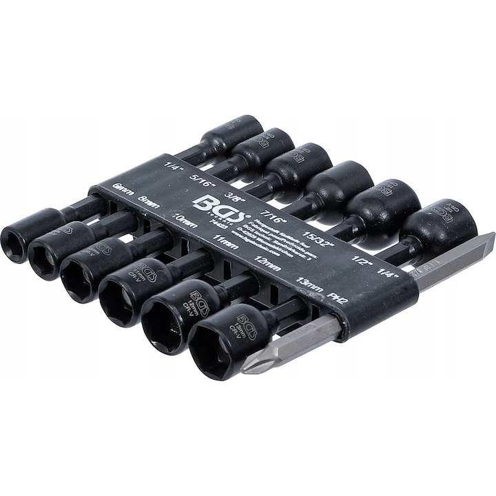 Hatszögletű dugókulcs készlet 1/4", BGS Technic, 14 darab, méretek 6-13 mm, fúrókhoz és csavarhúzókhoz