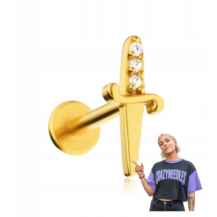 Labret piercing auriu cu zirconii albe, 1.2x6mm, otel chirurgical