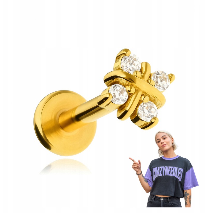 Cercei Labret Aurii Crazy Needles, 1.2 mm grosime, 6 mm lungime, zirconiu, otel chirurgical