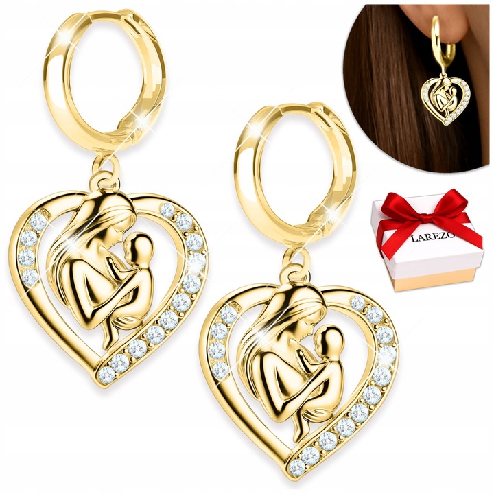 Cercei Din Argint 925, Larezo, Model Mama Cu Copil, Auriu, Argint De Inalta Calitate, Pietre: Zirconii, Calitate Superioara, 17.5 x 17 x 16 mm