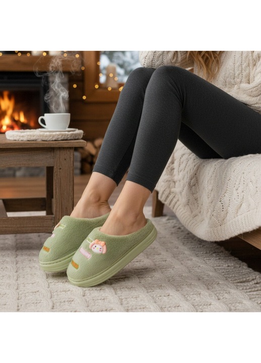 Papuci de casa pufosi pentru dama, L715, verde, 38-39
