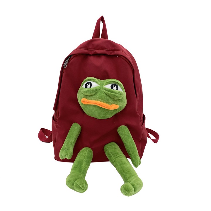 Rucsac textil cu aplicatie din plus tip broasca, pentru fete si studenti, Rosu, Unic