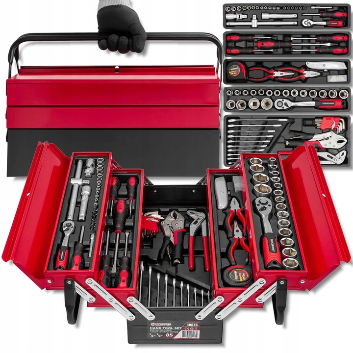 Set scule metalice 85 piese, FORCEKRAFT, Cr-V, cutie robustă, 46x20x30cm