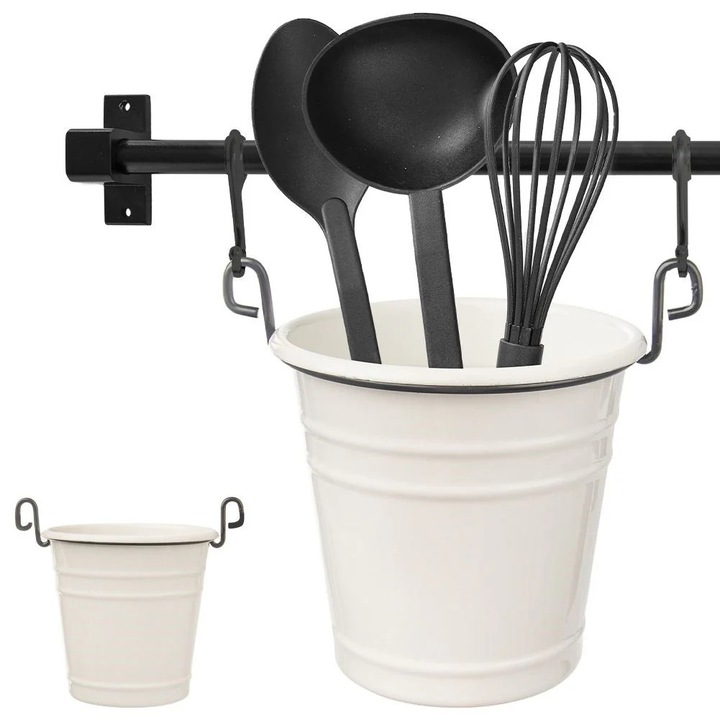 Fém tartó konyhai eszközökhöz, edény, fűszernövények kampókkal