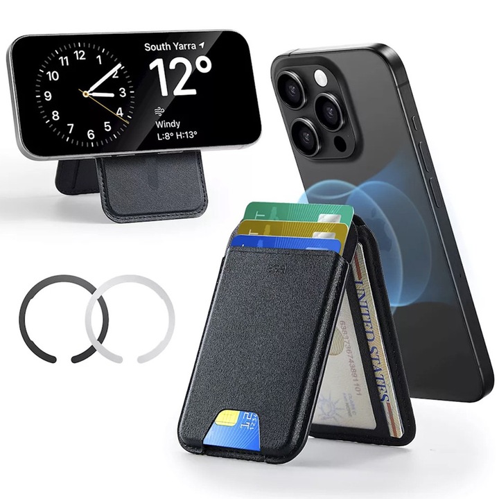 Pénztárca/állvány mágneses gyűrűvel, PU, 3 kártyatartó - ESR Classic Magnetic (3C13210300165) - Fekete