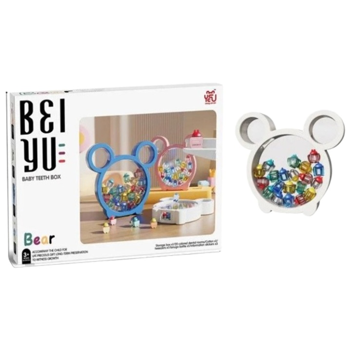 Cutie pentru primii dinti ai copilului Ursulet cu mini-containere 16x14x4 cm Alb