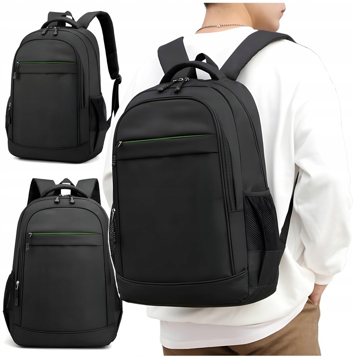 Раница за тийнейджъри, Zola®, 2 отделения, 4 джоба, 2 странични джоба, водоустойчива, регулируеми презрамки, идеална за пътуване и училище, 42 x 32 x 15 см, черна със зелени вложки