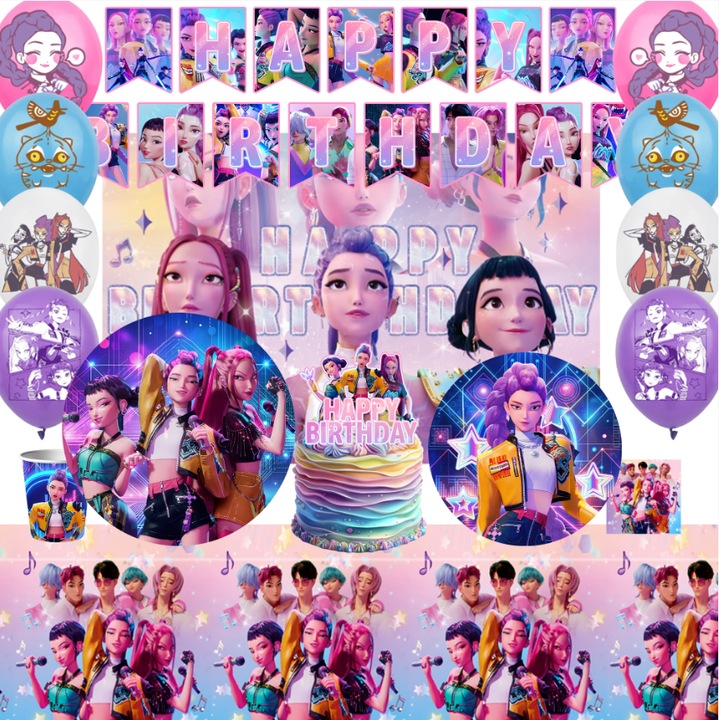 98pcs Set Decoratiuni Aniversara KPop Demon Hunter, InBoxxarty, Vesela Petrecere KPop Demon Hunter - Fata de Masa, Decorarea Tort, Banner, Balon, Farfurii etc Accesorii Petrecere KPop Demon Hunter