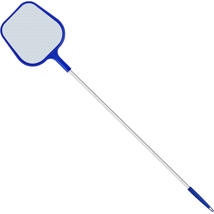 Мрежа за повърхностно почистване на басейни, използвана за почистване на басейни, събиране на листа и боклук, алуминий, телескопична дръжка 153 см, 5 части, тъмносин