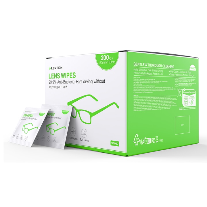 LENTION® Pachet 200 Servetele Umede pentru Ochelari, Curatare Anti-Urme si Anti-Praf, Stergatoare Individuale, Potrivite pentru Lentile, Obiective de Camera, Telefon, Laptop si Ecrane – Fara Alcool, Curatare Rapida fara Zgarieturi