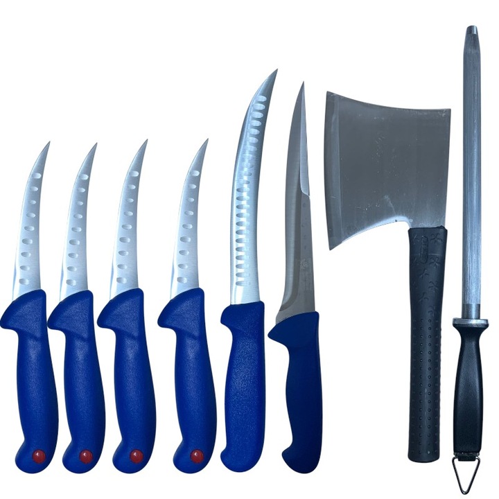 Set 8 Piese Macelarie, 6 Cutite, Satar cu Maner din Cauciuc si Masat