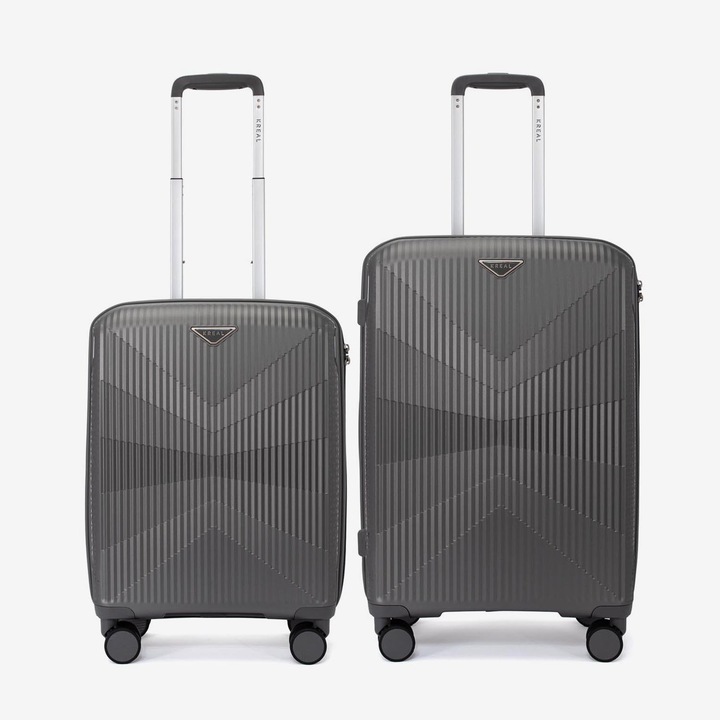 Комплект куфари KREAL Tasos, Ръчен багаж и Среден куфар, Шифър, Полипропилен, Тъмно сив, 66x43x26 см, 2 броя