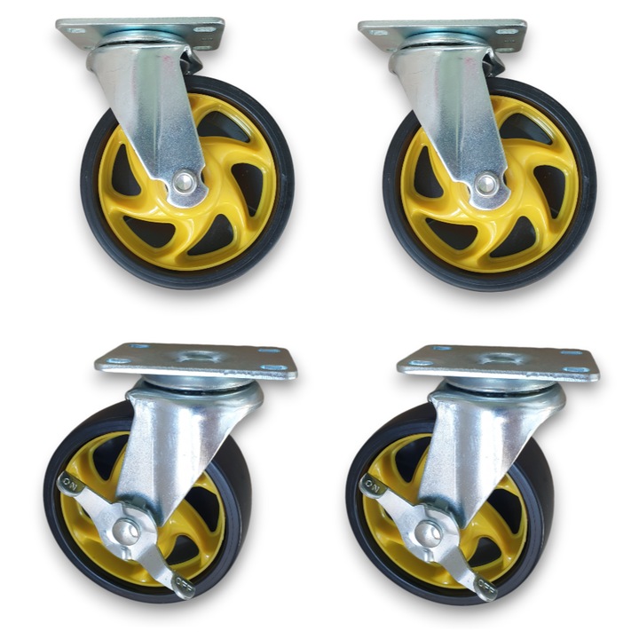 Set 4 roti pivotante EURO-KUTNO, 125 mm, 600 kg, 2 cu frana + 2 fara frana, polipropilena, montare pe placa