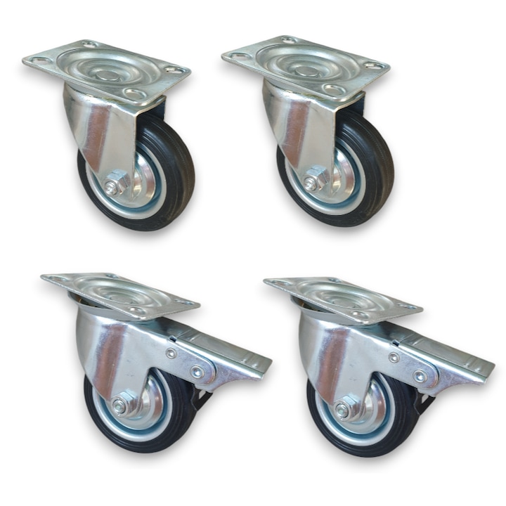 4 darabos kerékszett 75 mm (2 fékes + 2 forgó) 200 kg – bútorokhoz és kocsikhoz
