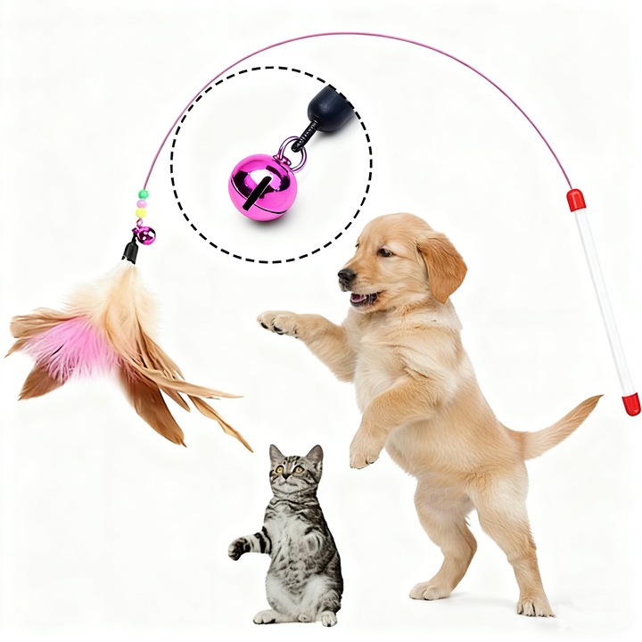 Kisállat játék, macskakarcoló bot tollakkal és csengőkkel, 1 méter hosszú, környezetbarát anyag, tartós, macskáknak és kutyáknak egyaránt alkalmas