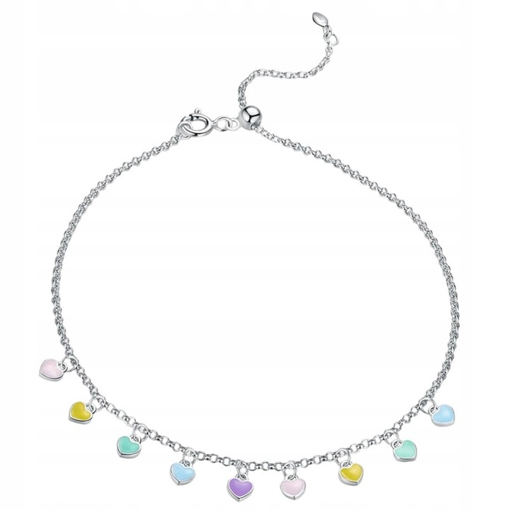 Bratara de picior din Argint 925 cu Inimi Colorate - Reglabila