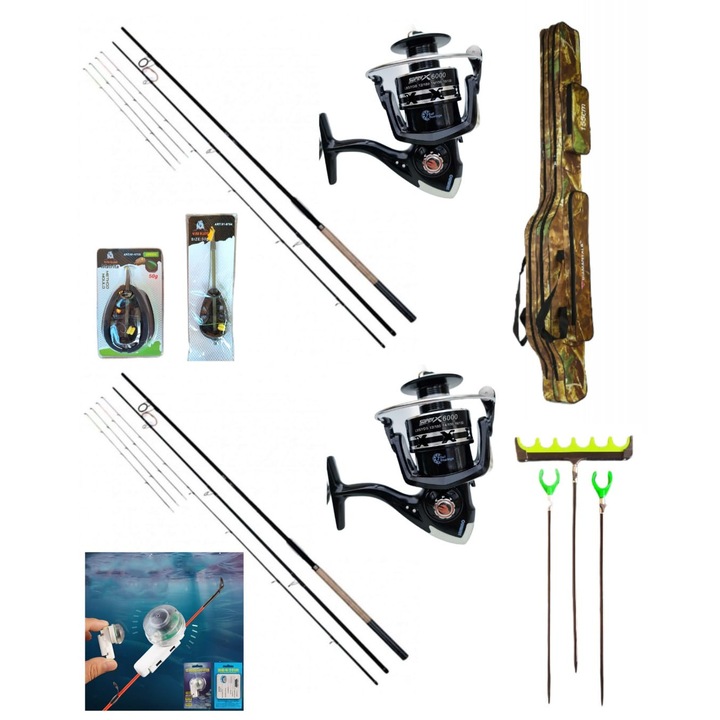 Set 2 Lansete Feeder Carbon Sensitive, 3, 90 metri, 120 Gr, 2 Mulinete X6000, Tambur Metalic, 7 Rulmenti, 2 Senzori, Suporti, Geanta Transport, 2 Monturi + Matrita