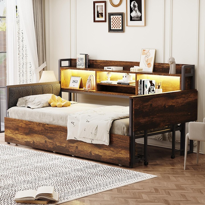 Pat canapea de fier cu LED, sertare de depozitare si priza de alimentare, natural