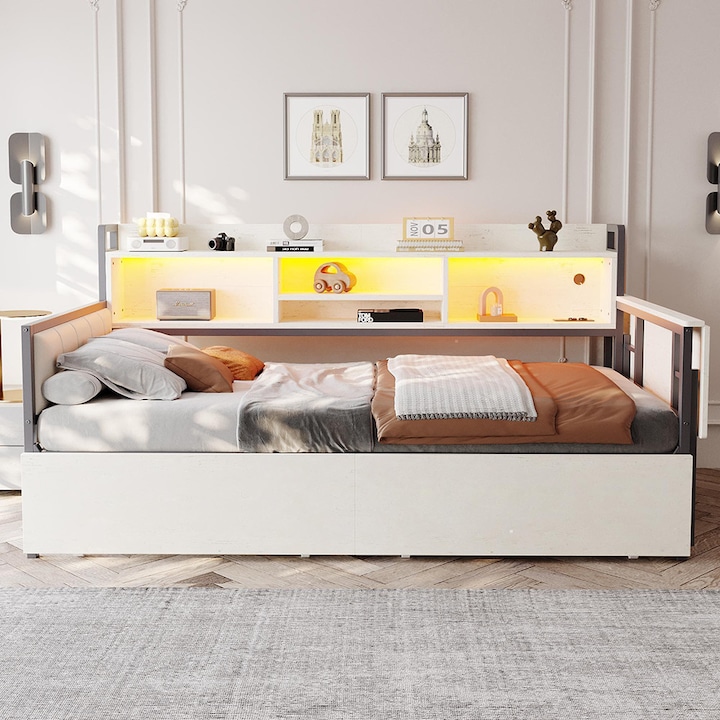 Pat multifuncțional Sweiko cu LED și sertare de depozitare, alb, 90x200cm