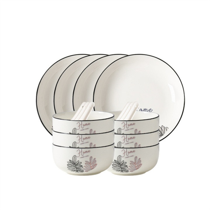 Set tacamuri 16 piese, portelan alb, pentru 4 persoane, include farfurii, boluri si linguri, design modern